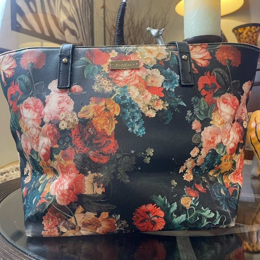 Bebe Women's Black Floral Tote Bag Gold Logo​​​